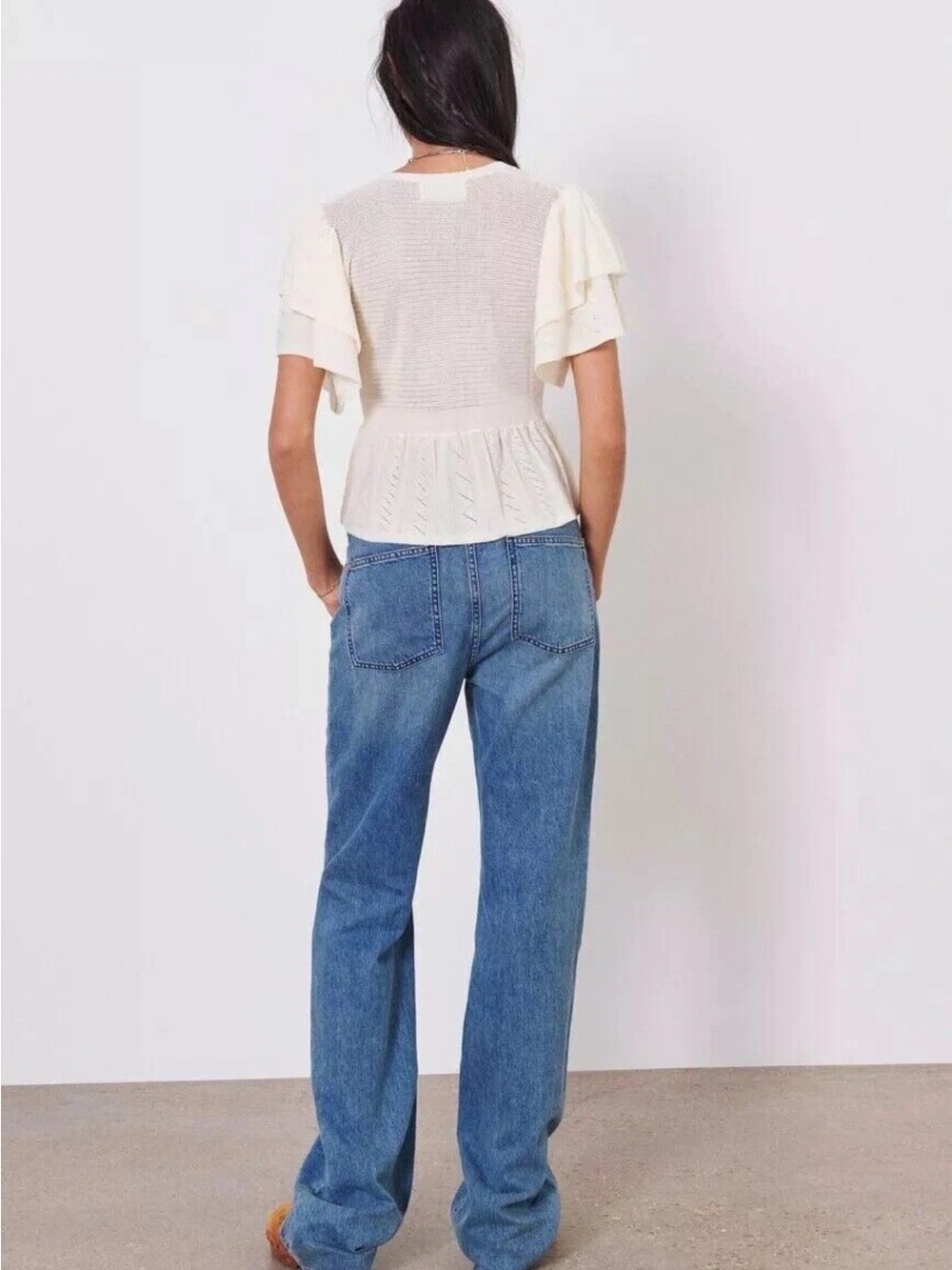 ba&sh Cream Ruffle-Sleeve Button Front Peplum Top - Picture 8 of 9